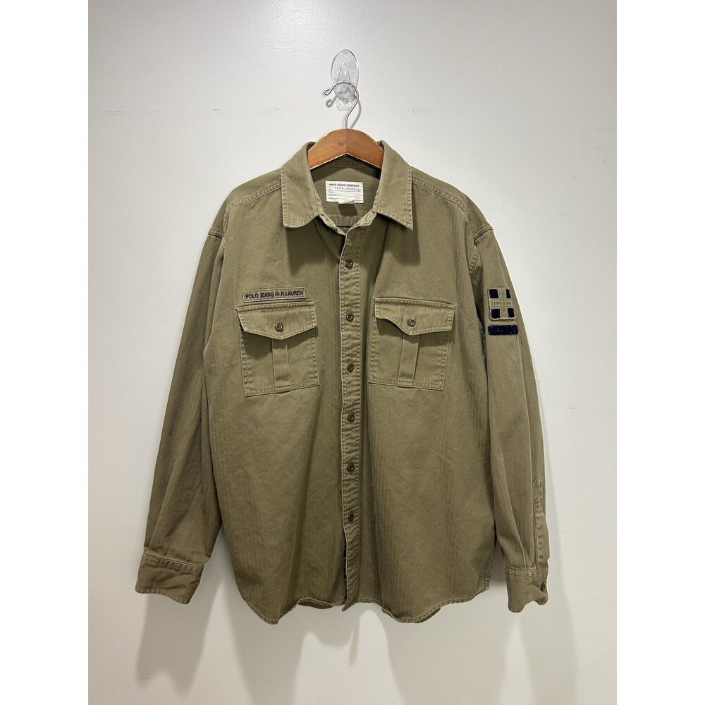 Vintage Polo Jeans Co Ralph Lauren Military Tan Cotton Work Shirt Mens Size L